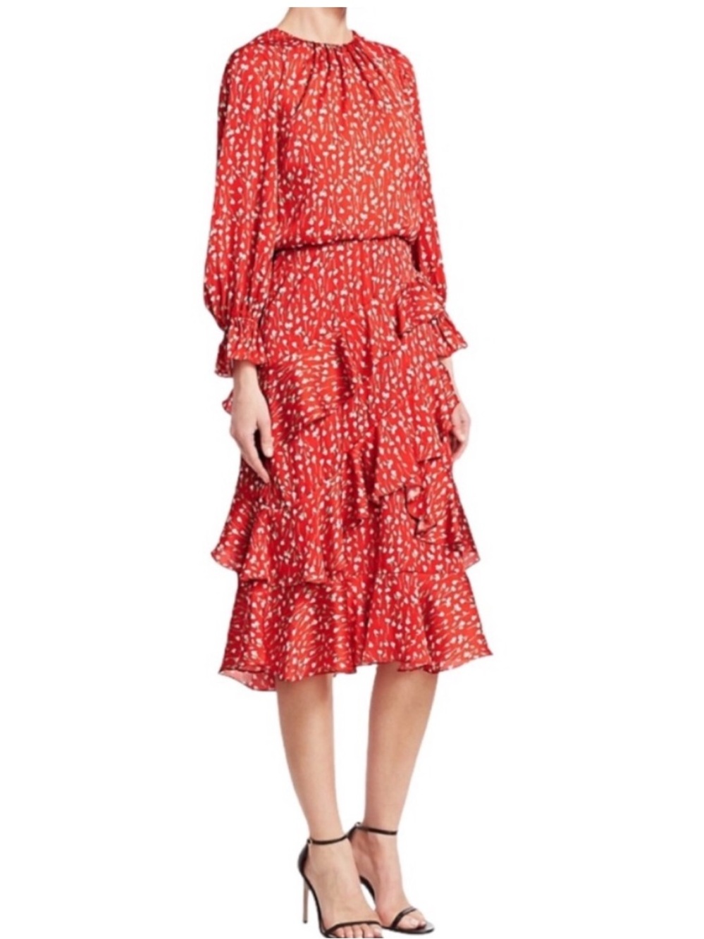 Monique Lhuillier || Satin Midi Dress Ruffle Floral Red 2